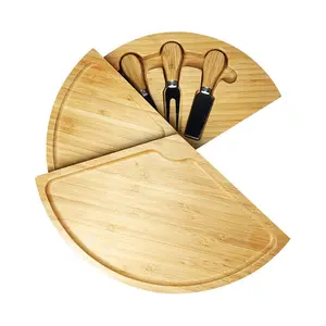 Tabla de Carga giratoria de madera redonda plegable, bandeja de servicio de pizarra para queso, incluye cuchillo de acero inoxidable