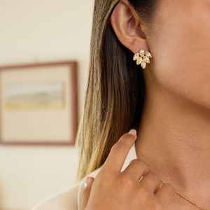 Crystal Stud <b>Earrings</b> Gold Plated Marquise Rhinestone Leaf Design Everyday Wear Bezel Setting Stainless Steel <b>Posts</b> - Product Image 3