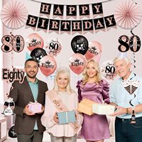 Décorations pour le 80e anniversaire, Bannière Joyeux 80e Anniversaire Or Rose et Noir, Couronne et Écharpe, Ballons, Décor de Fond, Spirales Suspendues, Éventails en Papier