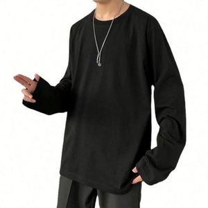 T-shirt à manches longues ample en coton tricoté uni avec élasthanne pour homme, collection automne-hiver, vente en gros - Product Image 1