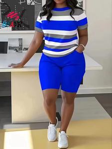 Conjunto de Camiseta y Pantalones Cortos de Verano para Mujer con Diseño de Rayas, Conjunto Deportivo Informal de 2 Piezas - Product Image 5