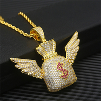 Collier tendance en laiton plaqué or, style hip-hop, avec pendentif aile d'ange, signe du dollar américain et sac d'argent, chaîne à maillons pour homme