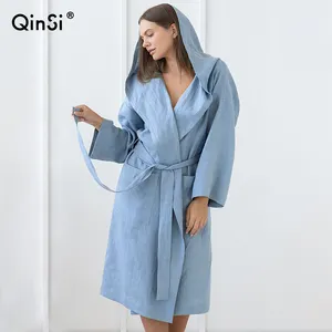 QINSI Modern tarzı şapka Robe ile yüksek kalite mavi kadın pijama yeni sonbahar Sashes salonu giymek