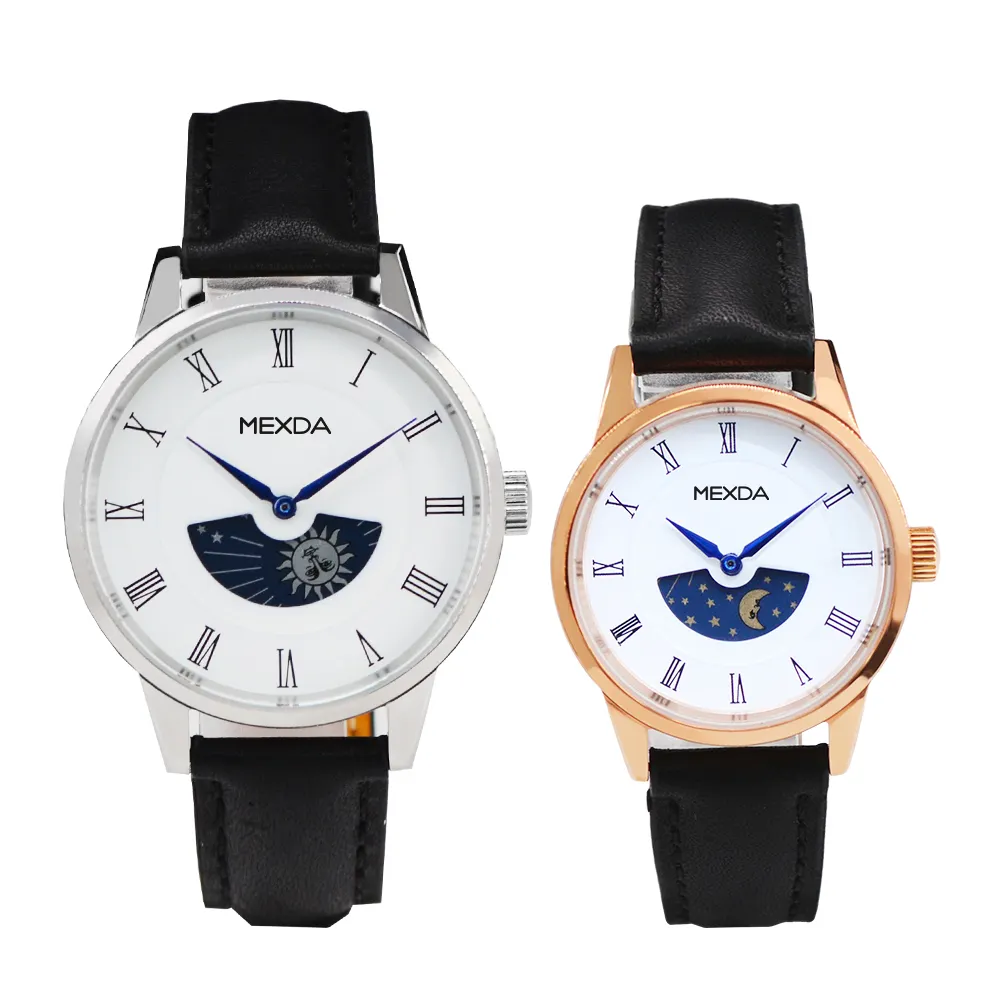 Branded Couple Watches Mexda Brand Custom Logo Genuine Leather Stainless Steel Case Moon Phase Couple Relojes De Pareja Wrist Watch Lovers For Sale
