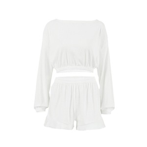 OEM Women Knit Polyester Soft Regular Fit <b>Pajama</b> <b>Shorts</b> Set Long Sleeve Fall Loungewear Homewear <b>Silk</b> Screen Printing Logo - Product Image 2