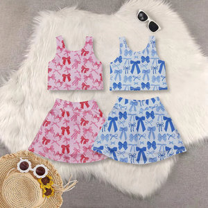 Baby Girls Sleeveless <b>Blue</b> Pink Bows <b>Vest</b> <b>Top</b> Yoga Athletic Skorts Sets - Product Image 1