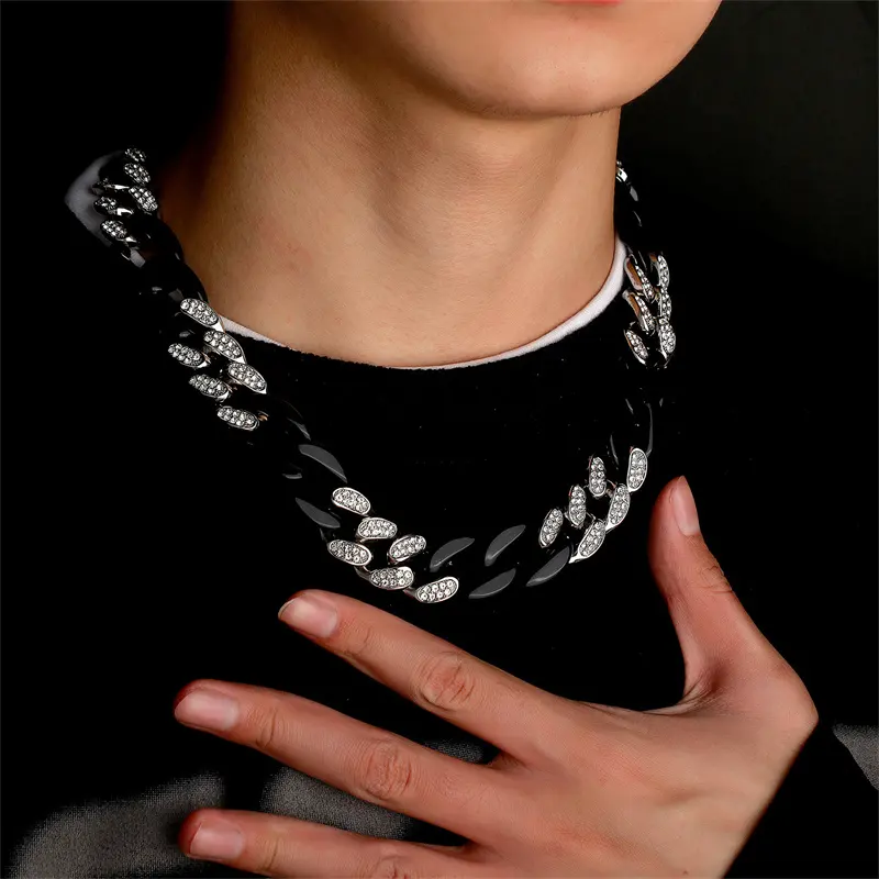 Best Selling Hip Hop Jewelry 21mm Inlay Rhinestone Black And White Miami Cuban Link Chain Necklace For Men