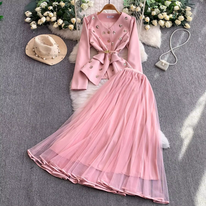 Women's 2 Two-Piece Too Suit & Tulle Mesh Skirt <b>Set</b> Rhinestone Embellished <b>Tie</b>-Waist Party Outfit Fashion - Product Image 2