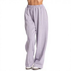 Men's Wide Leg Sweatpants Elastic Waist Side <b>Stripe</b> Casual Breathable Knitted Fabric Autumn Wear Light Purple - Product Image 1