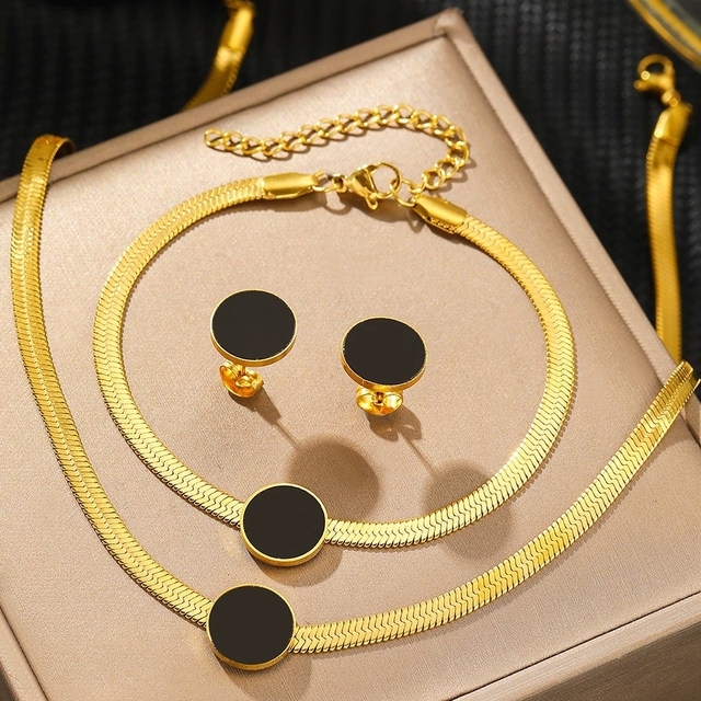 2026 Jewelry Hot Selling High Quality Snake Chain with Black Color Round Stainless Steel Earring Necklace Bracelet Jewelry Set