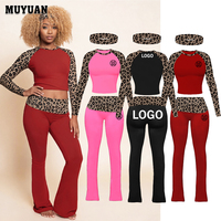 Ensemble 3 pièces décontracté pour femme avec logo personnalisé, imprimé léopard, manches raglan longues, pantalon taille haute et bandeau – Collection été 2026