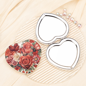 Miroir de poche compact en cuir PU imprimé floral rose rouge vintage, cadre chromé argenté, double face, verre HD, vente en gros - Product Image 2
