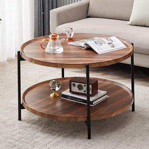 Modern Minimalist <b>Round</b> Coffee <b>Table</b> Set With Storage Shelf Walnut Color Living Room Sofa <b>Side</b> <b>Table</b> Movable Design - Product Image 2