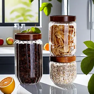厨房调味罐气密罗纹玻璃食品储物罐，带相思木盖装饰整理瓶