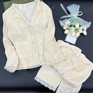 Women's Home Clothes Double-sided Velvet Breathable V-neck Elastic Waist Lace <b>Trim</b> Women's Loungewear Pajamas set - Product Image 1