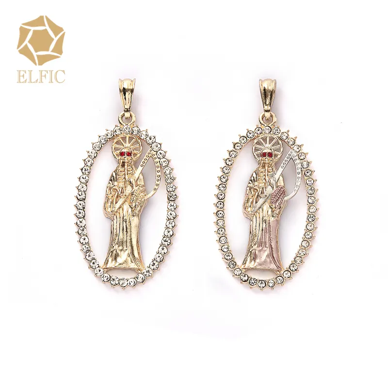 Elfic moda dini takı altın kaplama 18k Santa Muerte kolye ve takılar kolye altın zincir CZ elmas yuvarlak şekil