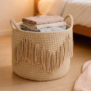 Cestas de Ropa Decorativas y Elegantes con Borlas Blancas, Cestas de Lavandería Redondas Extra Grandes de Cuerda de Algodón para Sala de Estar, Precio al por Mayor - Product Image 4