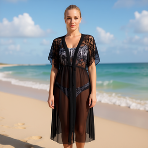 Copricostume Sogno D'Oro in Rete Nera, Kimono Lungo da Spiaggia per Donne, Taglie M L XL - Product Image 2
