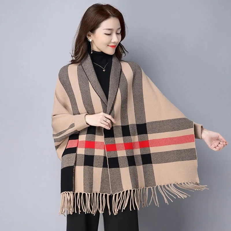 Wholesale 2021 popular girl's knit wraps shawls with sleeves classic plaid cloak winter warm pashmina wraps women poncho