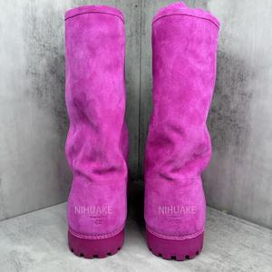 Sepatu bot Suede ekstra Bundar untuk pria wanita, sepatu bot salju tinggi dengan bulu Alaska warna merah muda kualitas terbaik ekstra besar - Product Image 5