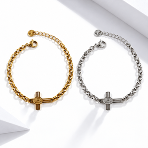 <b>Cross</b> Charm Chain <b>Bracelet</b>, Stainless Steel, Gold and <b>Silver</b> Color Options, Gold Variant 14K Gold Vacuum Plated - Product Image 1