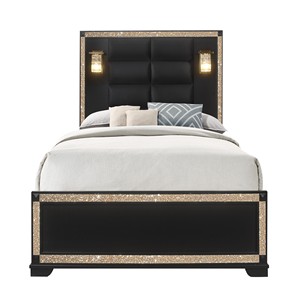 Modern American Style Black/Gold Queen <b>Pine</b> Wood Soft <b>Bed</b> with Adjustable Convertible Frame and Lamps - Product Image 4