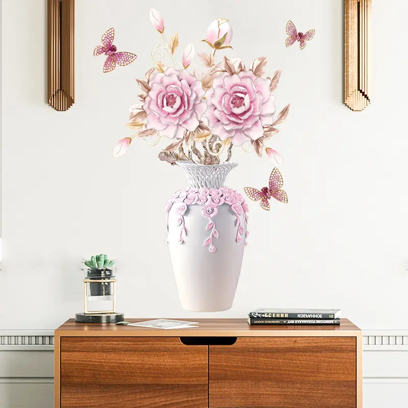 New Chinese Style Wealthy Pink Peony Flowers Stickers Mural Luxury 3D China Vase Butterfly Decal Living Room Decorative Sticker