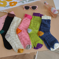 Chaussettes mi-mollet pour femme, fines, en coton et maille respirante, style coréen, à blocs de couleur contrastants, ajourées et froncées, pour l'été, vendues à l'unité
