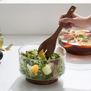 Grande insalatiera creativa con Base in legno Snack Popcorn noci Sevring ciotole per casa natale Snack in vetro trasparente - Product Image 4