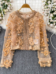 Giacca Europea con Paillettes e <span class=keywords><strong>Fiori</strong></span> in Rilievo, Collo Tondo, Casual Primaverile per <span class=keywords><strong>Donna</strong></span> in Viscosa/Poliestere, Stile Raffinato - Product Image 1