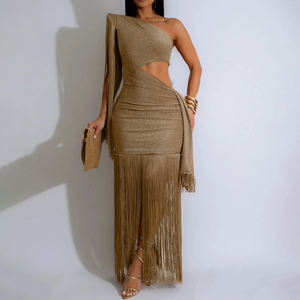 Özel Kesim Tek Omuzlu Saçaklı Kadınlar İçin Kulüp Kokteyl Elbisesi - Product Image 3