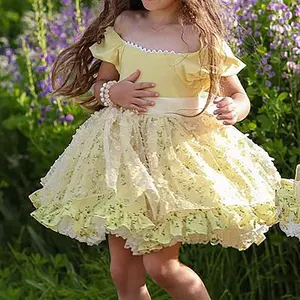 Baby Girls yellow floral Princess Tutu Dress Birthday Party Costume Children Summer short sleeves Tulle dress