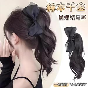 Peluca de cola de caballo alta con lazo de lunares, extensiones de cabello con clip de rizos largos y ondulados para mujer, estilo trenza realista - Product Image 3