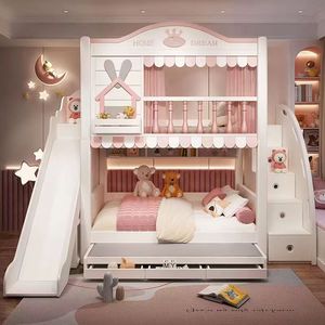 <span class=keywords><strong>Lit</strong></span> mezzanine élégant de style européen en forme de maison avec grand escalier à tiroirs et toboggan pour enfants - Product Image 1