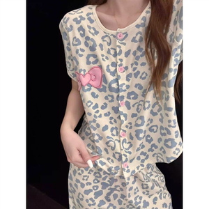 <span class=keywords><strong>Pigiama</strong></span> in stile giapponese ispirato a Instagram, dolce, con stampa leopardata e fiocco, da donna, estivo, a maniche corte e pantaloni lunghi, con motivo a cartoni animati - Product Image 2