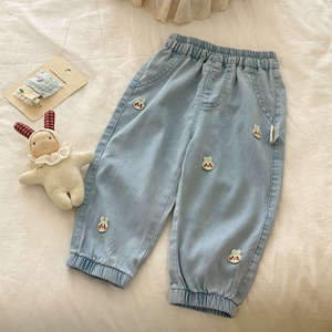 TongXingYuan Girls' Summer Pants Sky Blue Cotton Casual Cropped Pants With Rabbit Patches For Children - Product Image 3