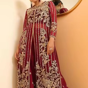 2024 fête-porter beau concepteur ZARI broderie longue Kurta Plazo robe cristal perles de verre Dabka travail taille naturelle dentelle - Product Image 1