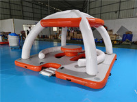 Isla Flotante Inflable Naranja y Blanca con Toldo, Plataforma de Entretenimiento Acuático para Varias Personas, Ideal para Yates