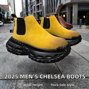 Spring New Fashion Trend Men's Chelsea Boots Lace-Up Thick-Soled High-Top Rubber Insole <b>Height</b> <b>Increasing</b> One-Step Sleeved <b>Shoes</b> - Product Image 2