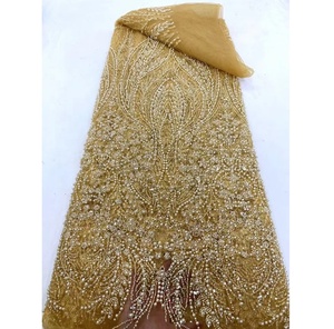 Tissu en <span class=keywords><strong>dentelle</strong></span> de tulle français brodé de perles et de sequins de luxe, couleur <span class=keywords><strong>blanche</strong></span>, pour <span class=keywords><strong>robe</strong></span> de mariée - Product Image 1