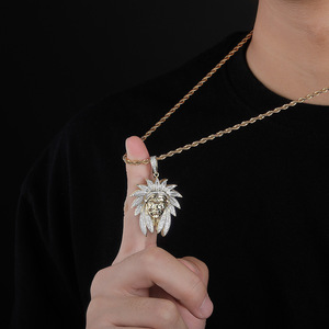 Collar de Cadena de Oro Estilo Hip Hop con Colgante de Tocado de Jefe Indio con Circonitas Brillantes y Latón, Venta Caliente de Fábrica - Product Image 5