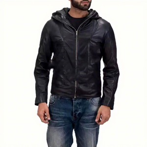<b>Mens</b> Real Black Leather Hooded <b>Jacket</b> Zip Hood Panel Stitching Sheepskin Slim Fit <b>Biker</b> Coat Custom Streetwear Winter Outerwear - Product Image 1