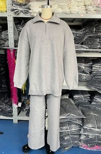 Simple Solid Color Half Zip Sweater <b>Knit</b> Straight Leg Pants Two Piece <b>Set</b> for Women Fashion - Product Image 4