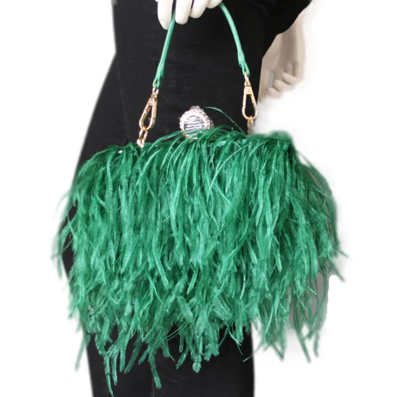 Tas Jinjing Pesta Bulu Wanita, Tote Bag Rambut Burung Unta Asli dengan Tali