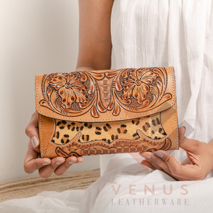 High Quality Women's Genuine Leather Purse Wallet Fashionable <b>Long</b> Design Clutch <b>Bag</b> with Open Closure and Decorative Feathers - Product Image 2