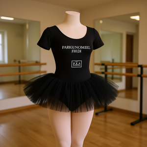 Body da Danza per Bambina a Maniche Corte in Cotone Nero con Tutù per Pratica di Balletto - Product Image 2