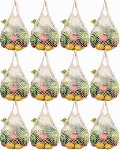 12 Pcs Reusable Mesh Grocery <b>Bags</b>, Washable Cotton Produce <b>Bags</b> with Handle, Portable <b>String</b> Net Shopping Tote in Beige - Product Image 4