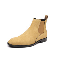 Sepatu Chelsea Kulit Suede Sapi Asli, Sepatu Ankle Boots Slip On dengan Sisi Elastis dan Tarikan, Sol Hitam, Sepatu Kulit Suede Kasual