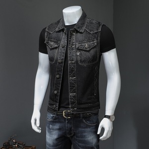 Gilet Casual da <span class=keywords><strong>Uomo</strong></span> Stile Europeo e Americano, Gilet da Motociclista <span class=keywords><strong>Nero</strong></span>, Gilet Senza Maniche in Denim OEM - Product Image 4