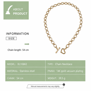 Collier à chaîne avec fermoir cœur en acier inoxydable plaqué or 14K sous vide, maillons ovales, 54 cm, options ton or et argent - Product Image 3